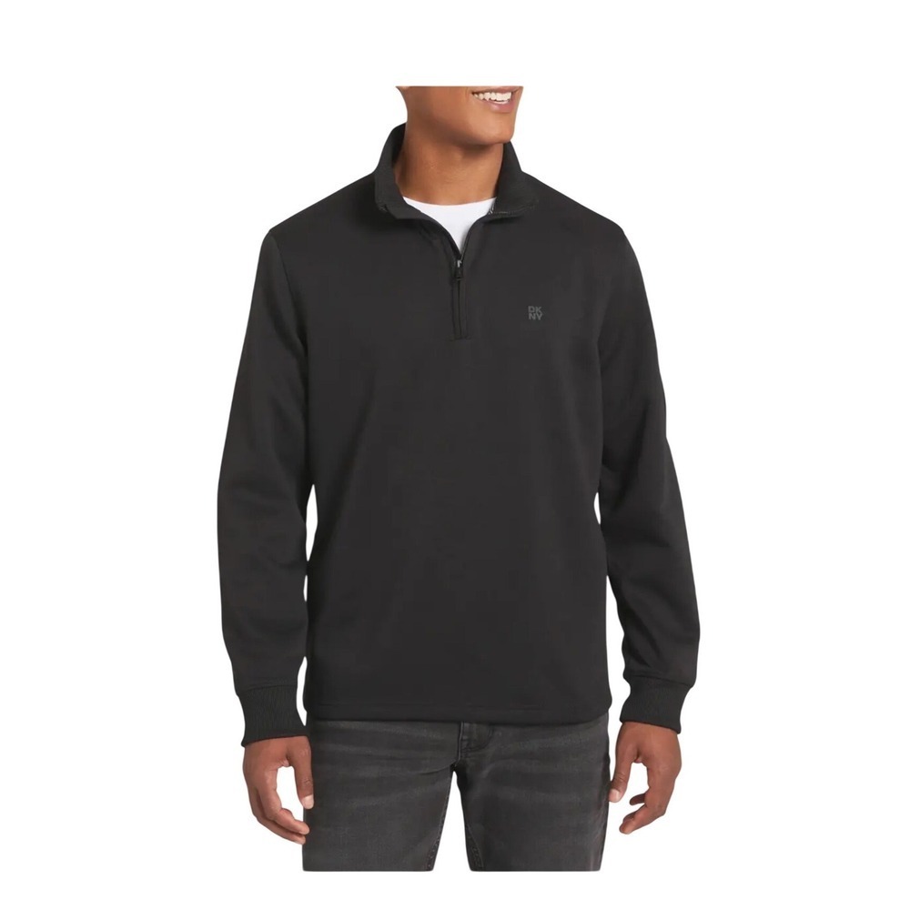 DKNY Mens Quarter Zip Pullover Sweatshirt Black Mock Neck Long Sleeve Size M